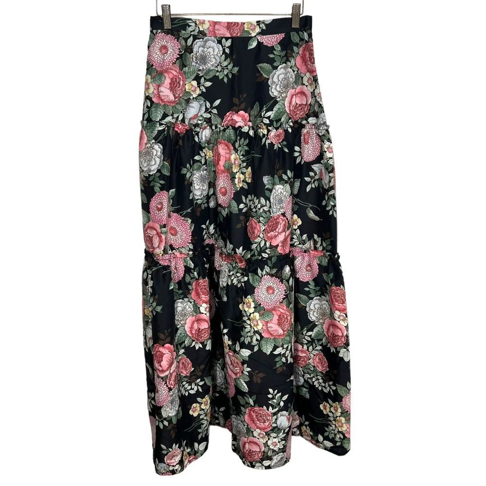 Vintage 70s Black Pink Large Floral Print Full Length Multi Panel Full Skirt Siz